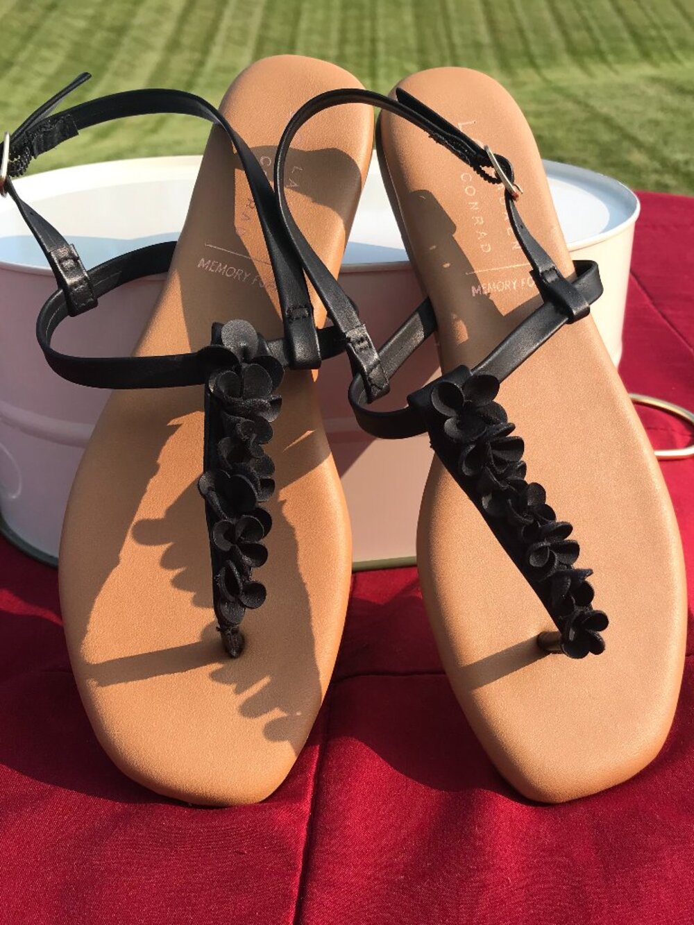 Black Floral T-Strap Flat Sandals